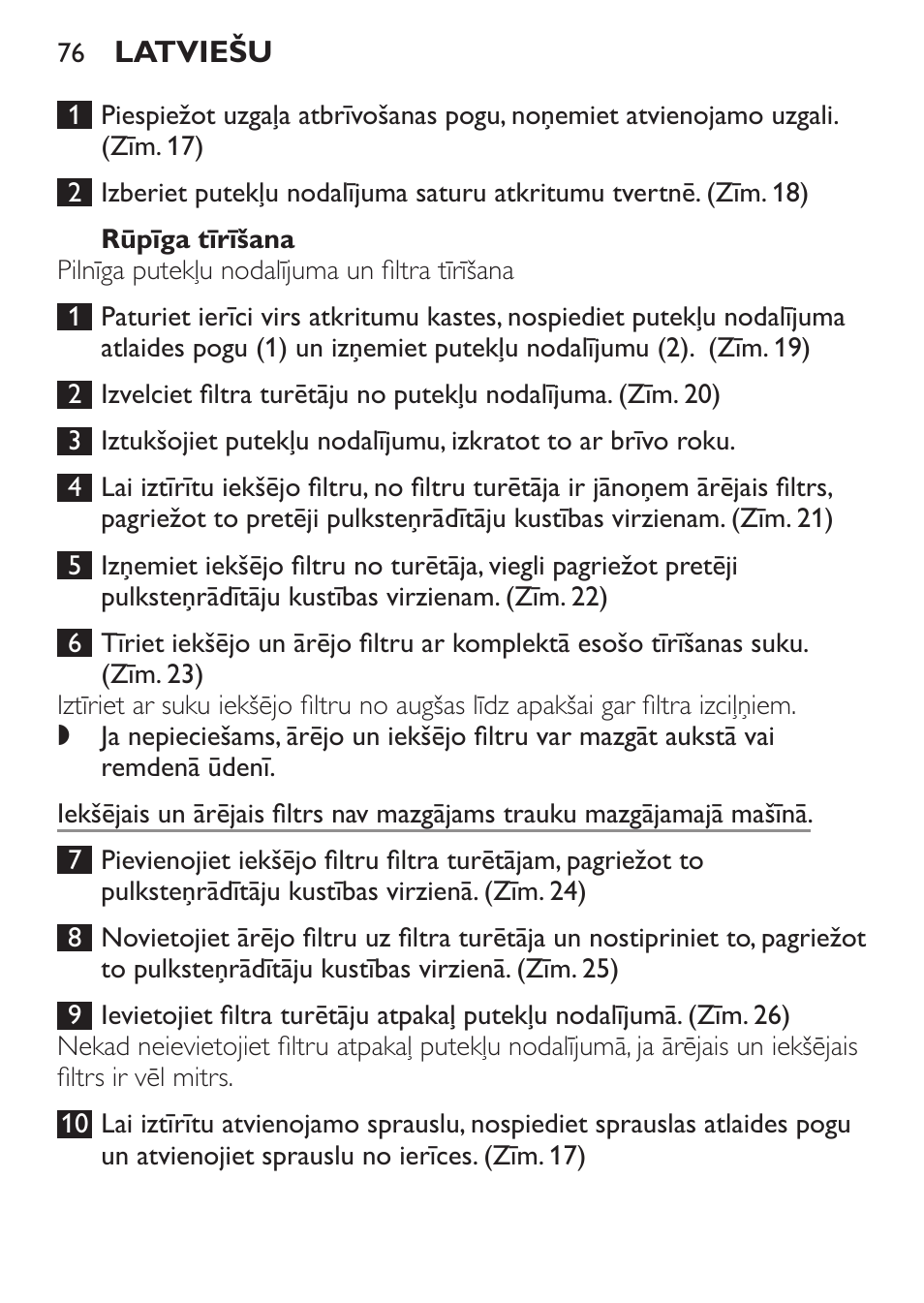 Rūpīga tīrīšana | Philips FC6092 User Manual | Page 76 / 140