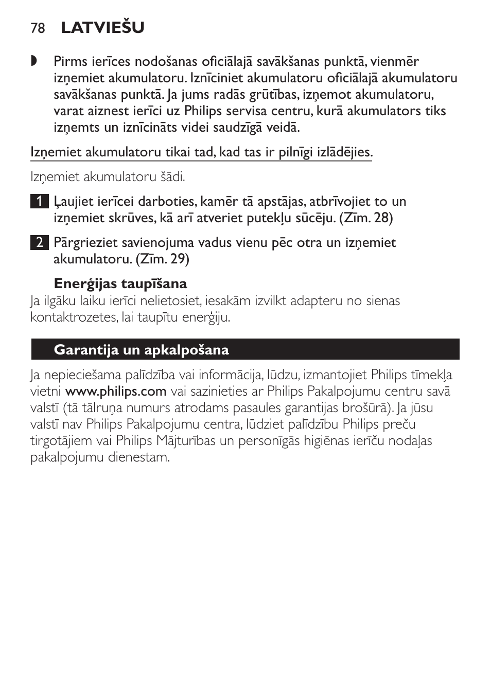 Enerģijas taupīšana, Garantija un apkalpošana | Philips FC6092 User Manual | Page 78 / 140