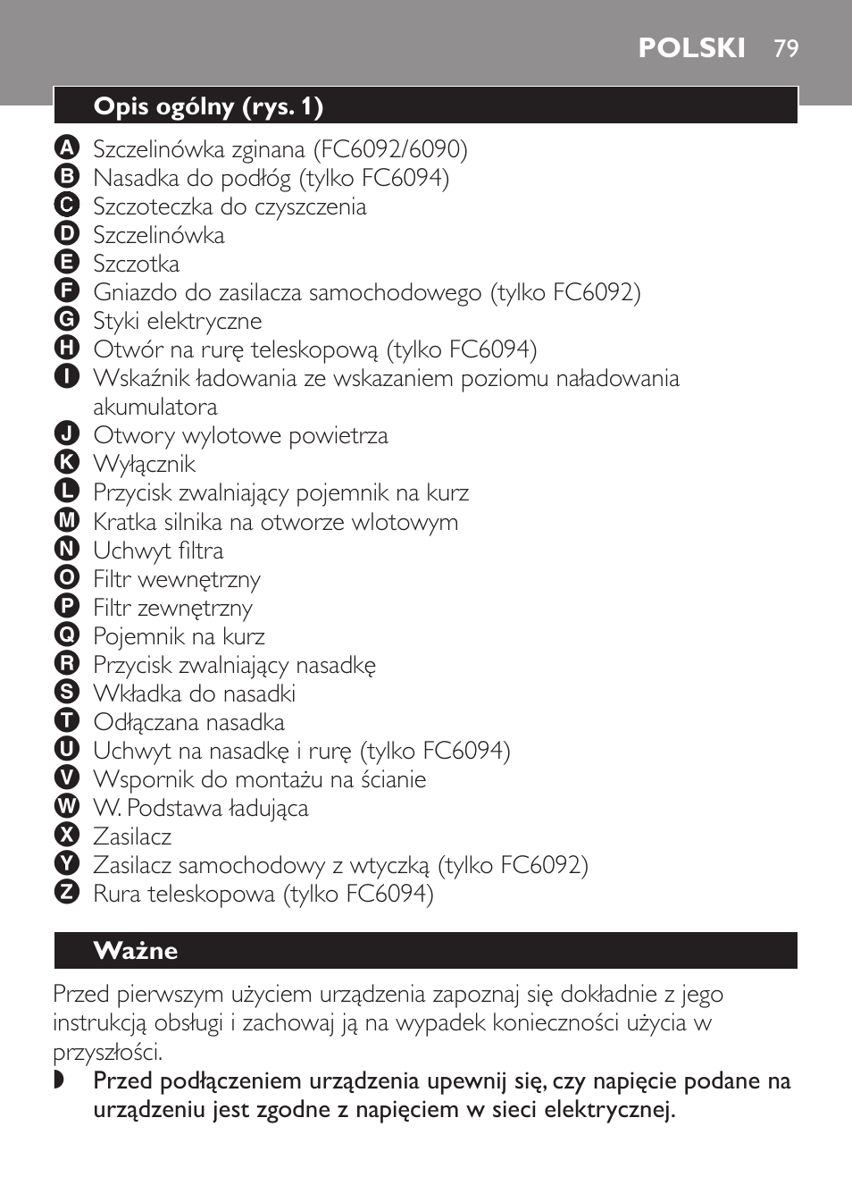 Polski, Opis ogólny﻿ (rys. 1), Ważne | Philips FC6092 User Manual | Page 79 / 140