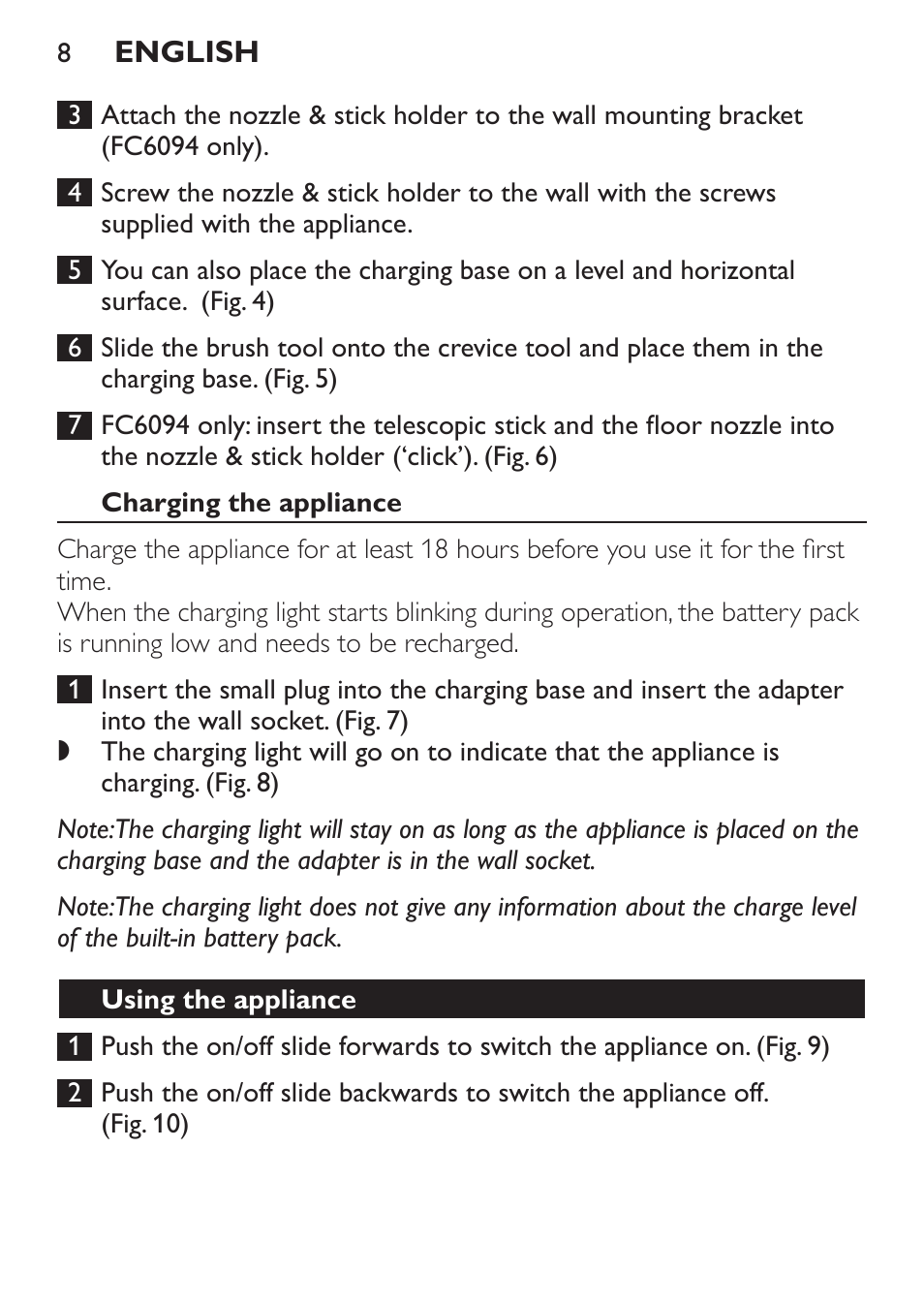 Charging the appliance, Using the appliance | Philips FC6092 User Manual | Page 8 / 140