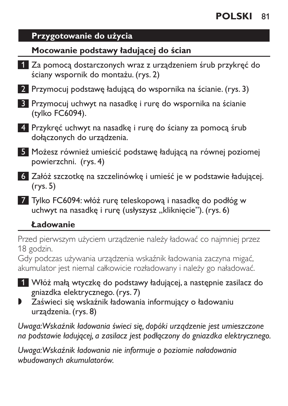 Przygotowanie do użycia, Mocowanie podstawy ładującej do ścian, Ładowanie | Philips FC6092 User Manual | Page 81 / 140