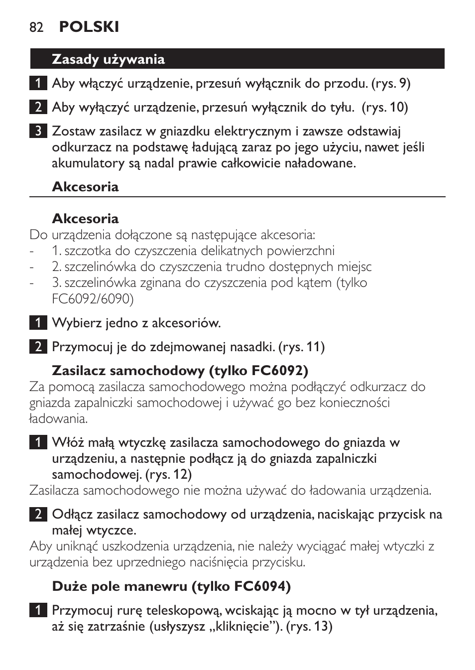 Zasady używania, Akcesoria, Zasilacz samochodowy (tylko fc6092) | Philips FC6092 User Manual | Page 82 / 140