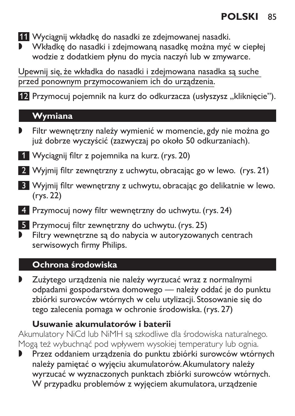 Wymiana, Ochrona środowiska | Philips FC6092 User Manual | Page 85 / 140