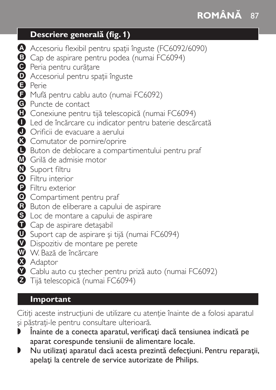 Română, Descriere generală﻿ (fig. 1), Important | Philips FC6092 User Manual | Page 87 / 140