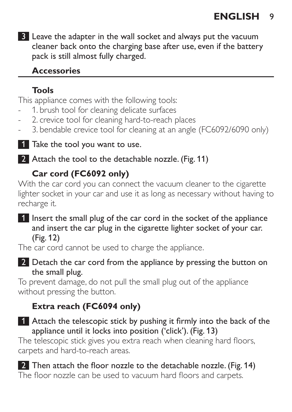 Accessories, Tools, Car cord (fc6092 only) | Extra reach (fc6094 only) | Philips FC6092 User Manual | Page 9 / 140