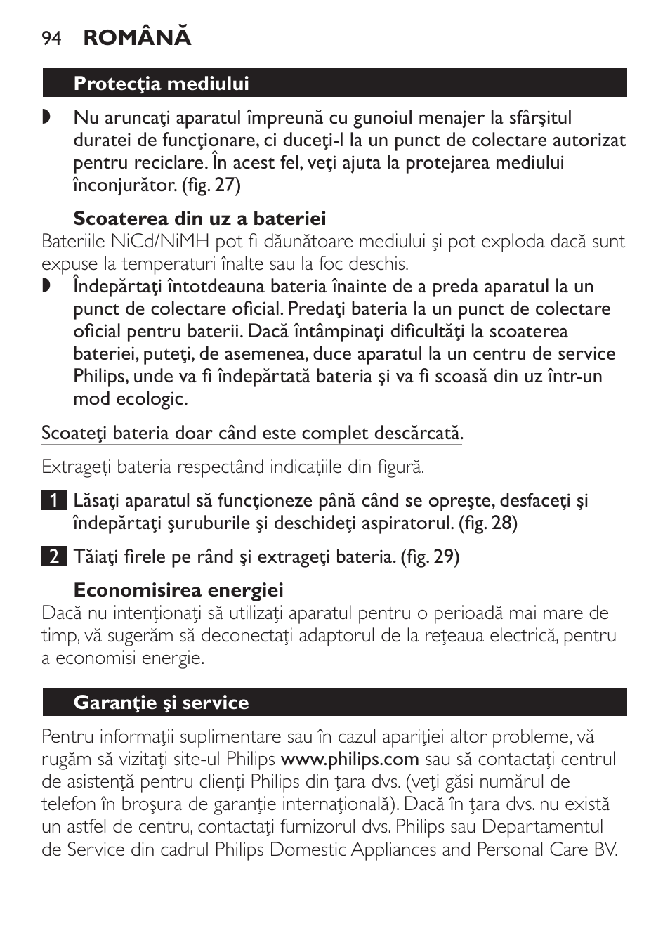 Scoaterea din uz a bateriei, Economisirea energiei, Garanţie şi service | Philips FC6092 User Manual | Page 94 / 140