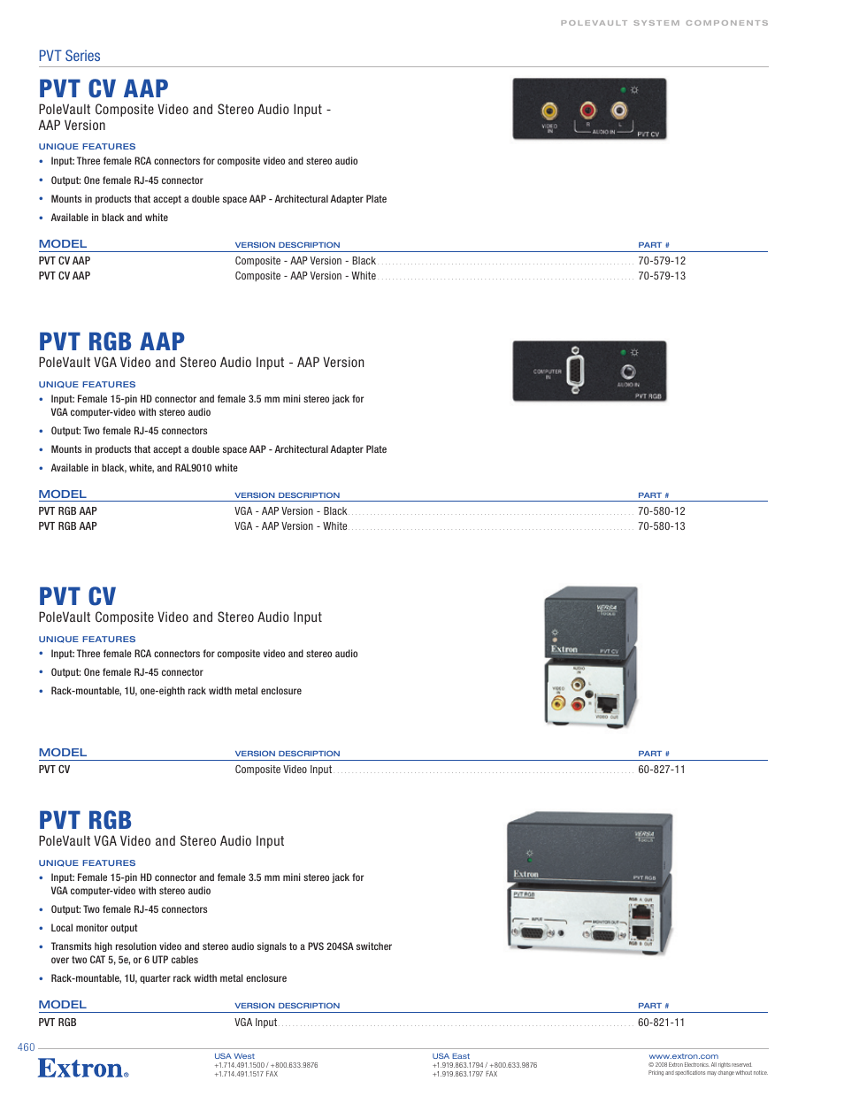 Pvt rgb, Pvt cv, Pvt rgb aap | Pvt cv aap, Pvt series, Polevault vga video and stereo audio input, Polevault composite video and stereo audio input | Extron electronic PoleVault System A/V Source Inputs User Manual | Page 3 / 4