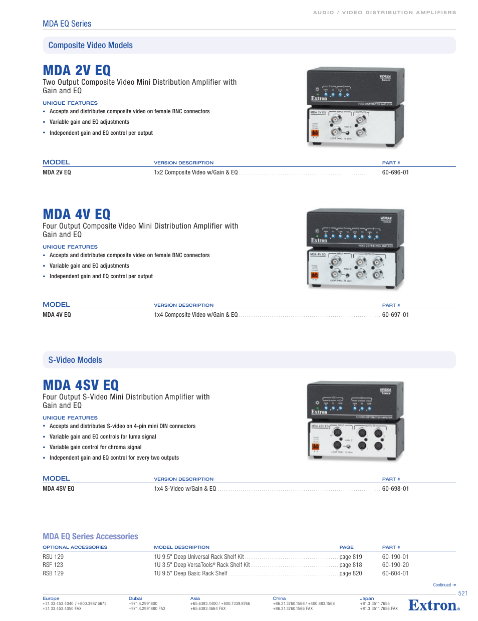 Mda 2v eq, Mda 4v eq, Mda 4sv eq | Mda eq series, Mda eq series accessories, Composite video models s-video models | Extron electronic MDA EQ Series User Manual | Page 2 / 3