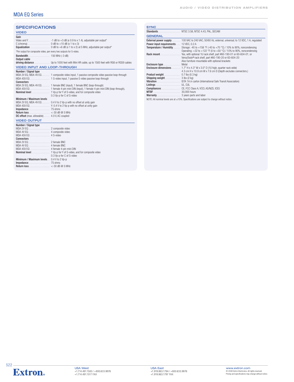 Mda eq series, Specifications | Extron electronic MDA EQ Series User Manual | Page 3 / 3