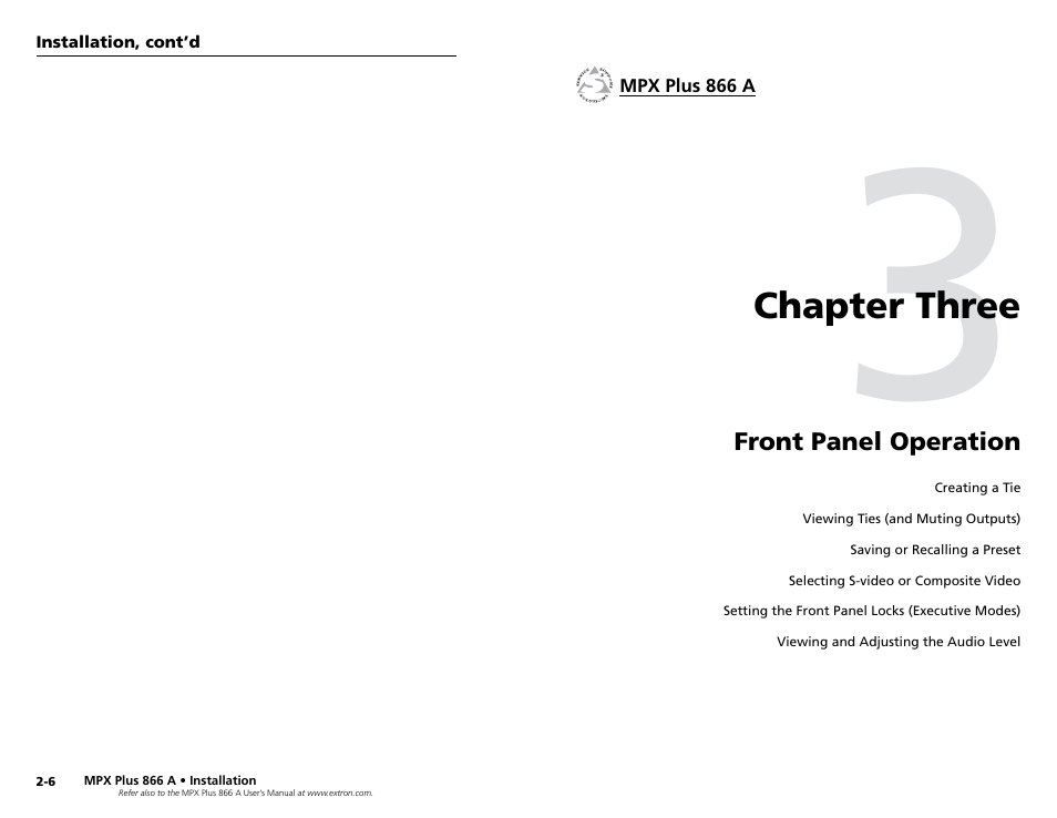 Chapter 3 • front panel operation, Chapter three • front panel operation | Extron Electronics MPX Plus 866 A Rev. A User Manual | Page 10 / 23