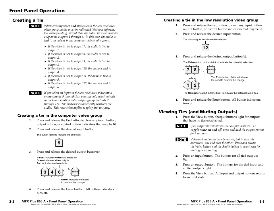 Creating a tie, Creating a tie in the computer video group, Creating a tie in the low resolution video group | Viewing ties (and muting outputs), Front panel operation | Extron Electronics MPX Plus 866 A Rev. A User Manual | Page 11 / 23