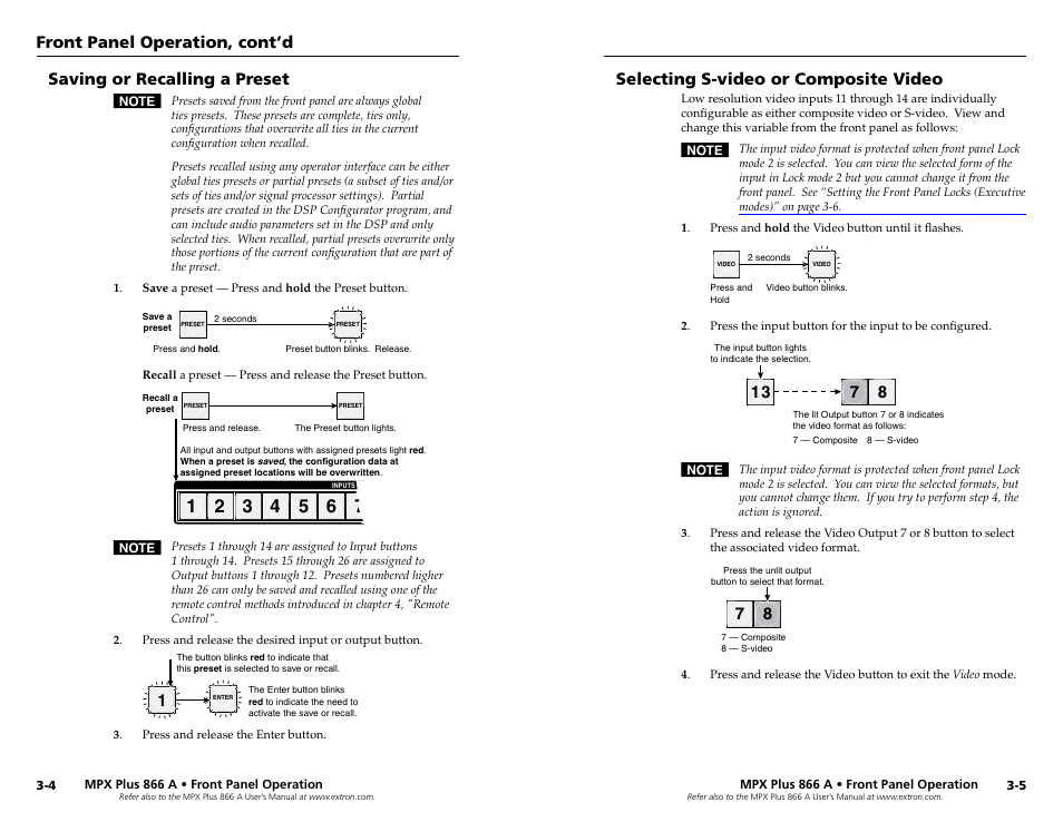 Saving or recalling a preset, Selecting s-video or composite video, Saving or recalling a preset | Selecting s-video or composite video, Front panel operation, cont’d | Extron Electronics MPX Plus 866 A Rev. A User Manual | Page 12 / 23