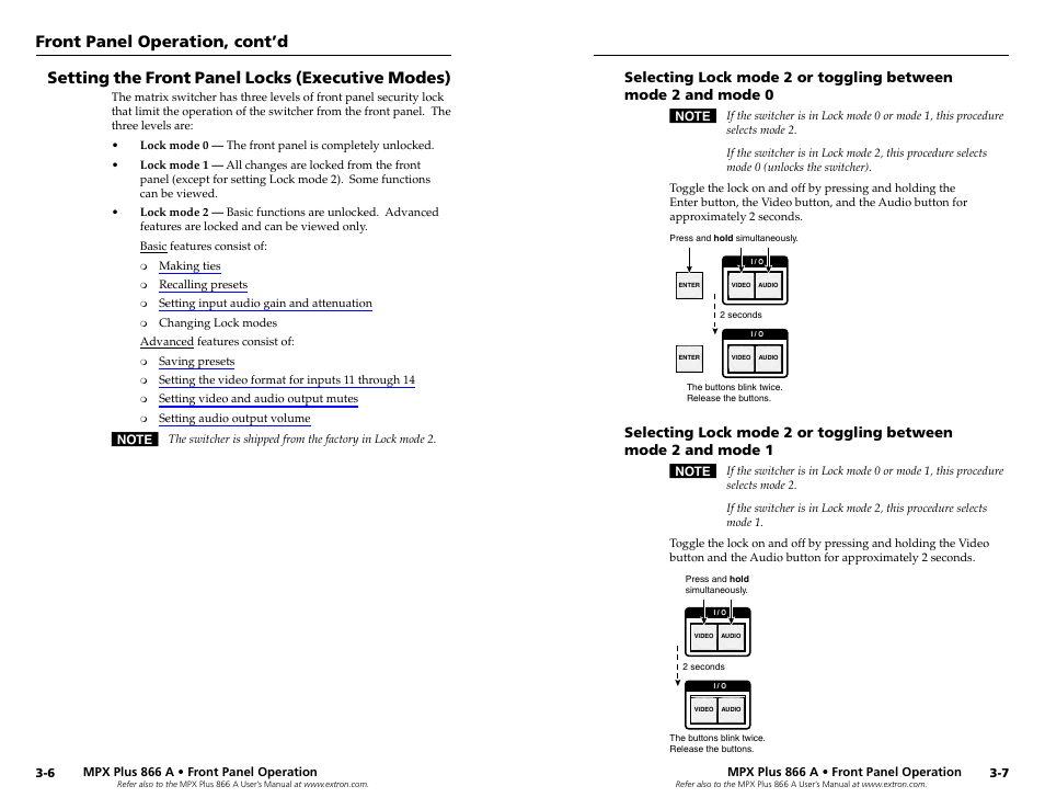 Setting the front panel locks (executive modes), Setting the front panel locks (executive modes), Front panel operation, cont’d | Extron Electronics MPX Plus 866 A Rev. A User Manual | Page 13 / 23