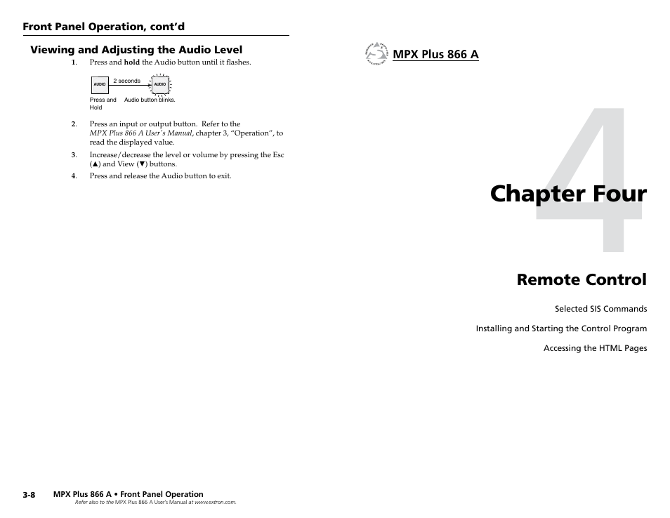 Viewing and adjusting the audio level, Chapter 4 • remote control, Chapter four | Remote control, Setting input audio gain and attenuation, Setting audio output volume | Extron Electronics MPX Plus 866 A Rev. A User Manual | Page 14 / 23