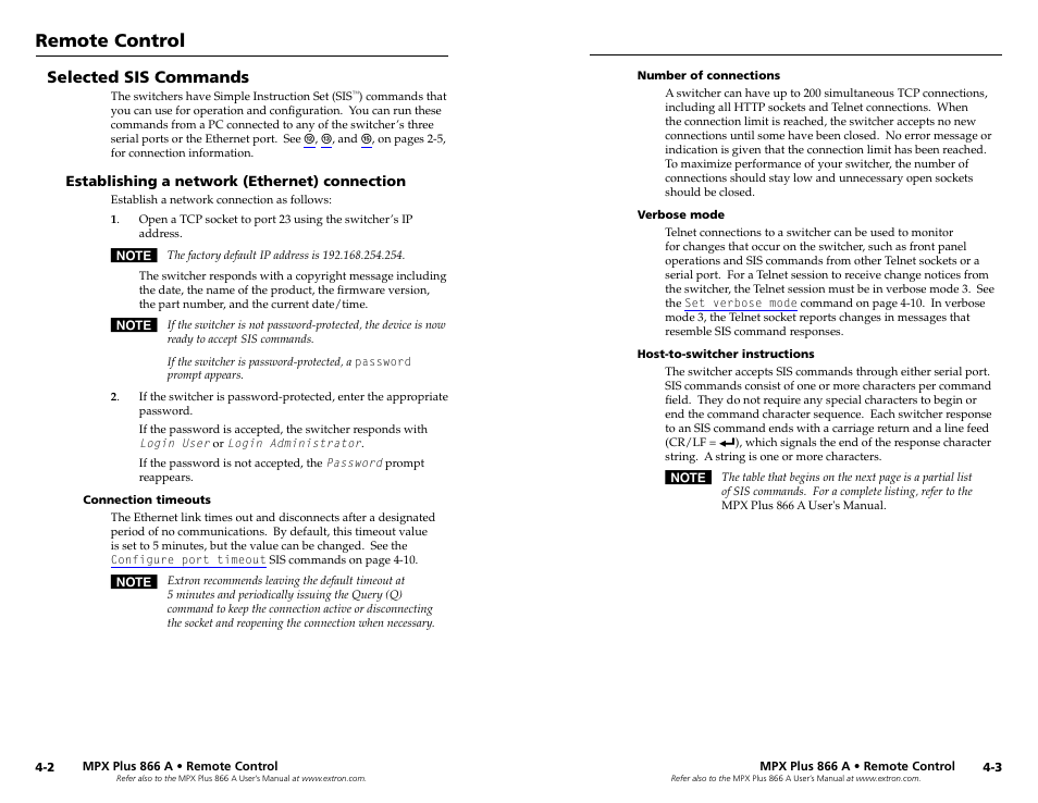 Selected sis commands, Establishing a network (ethernet) connection, Connection timeouts | Number of connections, Verbose mode, Host-to-switcher instructions, Selected sis commands, Establishing a network (ethernet) connection -2, Remote control | Extron Electronics MPX Plus 866 A Rev. A User Manual | Page 15 / 23