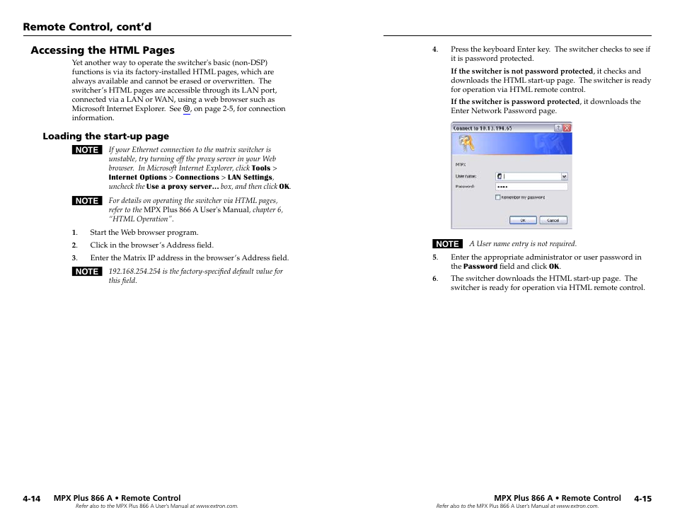 Accessing the html pages, Remote control, cont’d | Extron Electronics MPX Plus 866 A Rev. A User Manual | Page 22 / 23