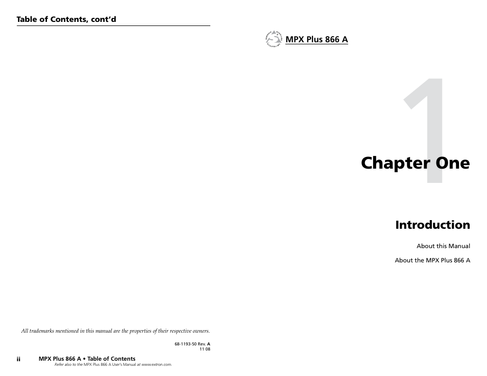 Chapter 1 • introduction, Chapter one, Introduction | Chapter one • introduction | Extron Electronics MPX Plus 866 A Rev. A User Manual | Page 5 / 23