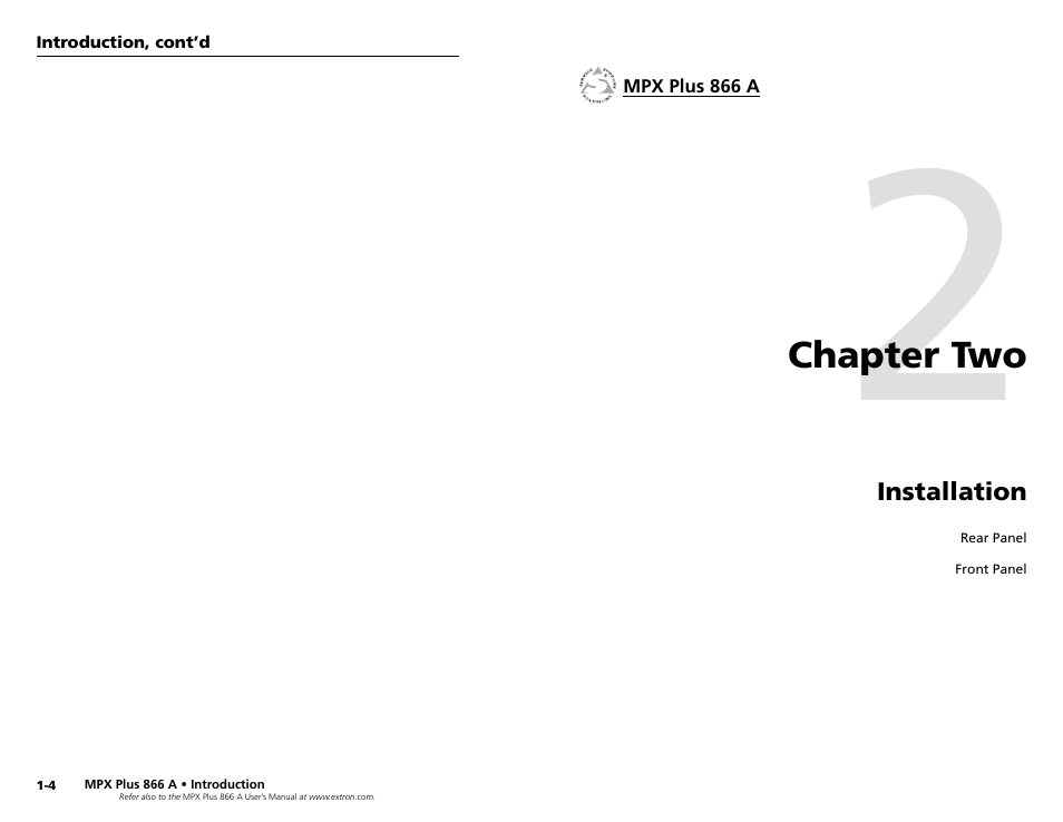 Chapter 2 • installation, Chapter two, Installation | Extron Electronics MPX Plus 866 A Rev. A User Manual | Page 7 / 23