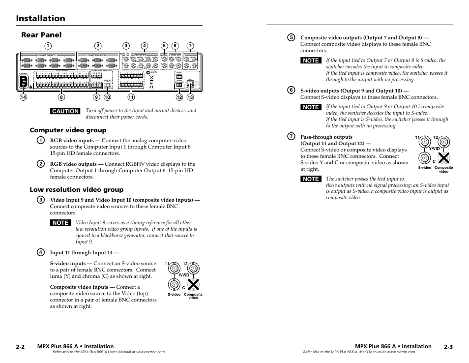 Rear panel, Computer video group, Low resolution video group | Installation, Mpx plus 866 a • installation | Extron Electronics MPX Plus 866 A Rev. A User Manual | Page 8 / 23