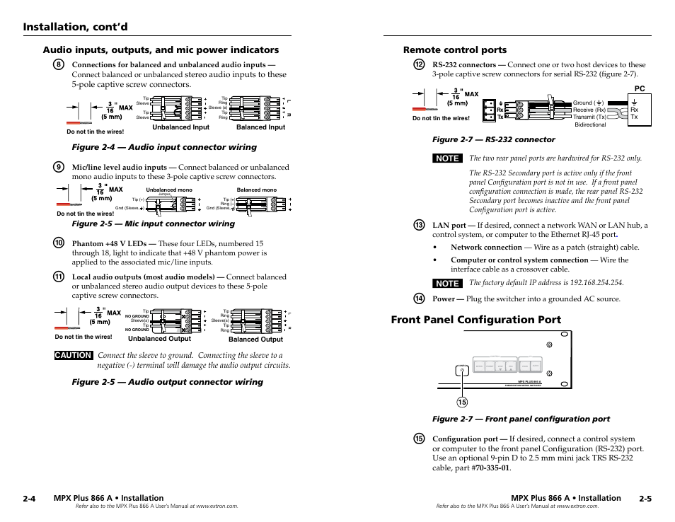 Audio inputs, outputs, and mic power indicators, Remote control ports, Front panel configuration port | Front panel configuration port, Installation, cont’d | Extron Electronics MPX Plus 866 A Rev. A User Manual | Page 9 / 23
