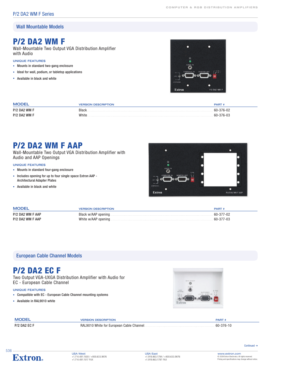 P/2 da2 wm f, P/2 da2 wm f aap, P/2 da2 ec f | Extron electronic P/2 DA2 WM EC F User Manual | Page 2 / 3