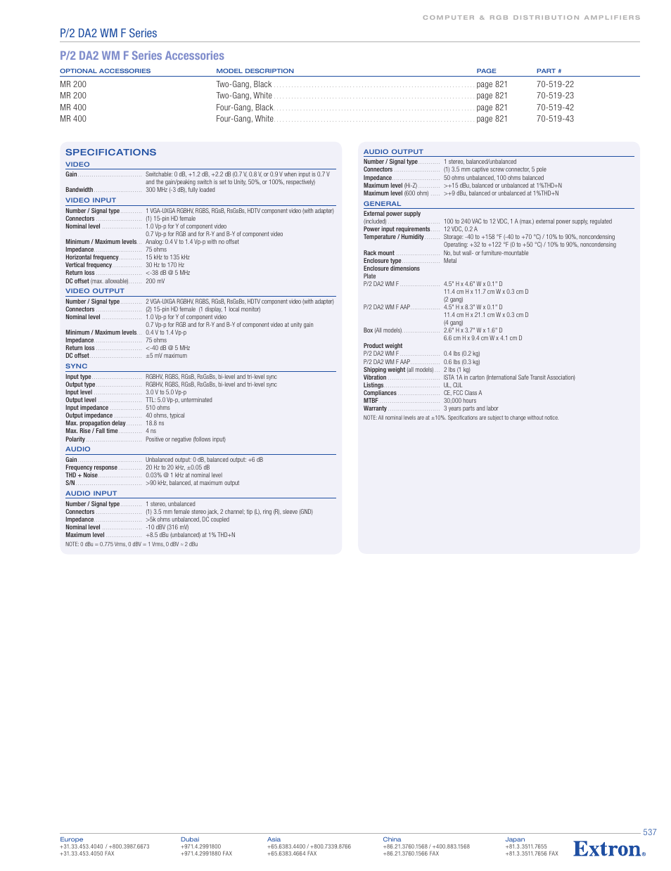 P/2 da2 wm f series accessories, P/2 da2 wm f series | Extron electronic P/2 DA2 WM EC F User Manual | Page 3 / 3