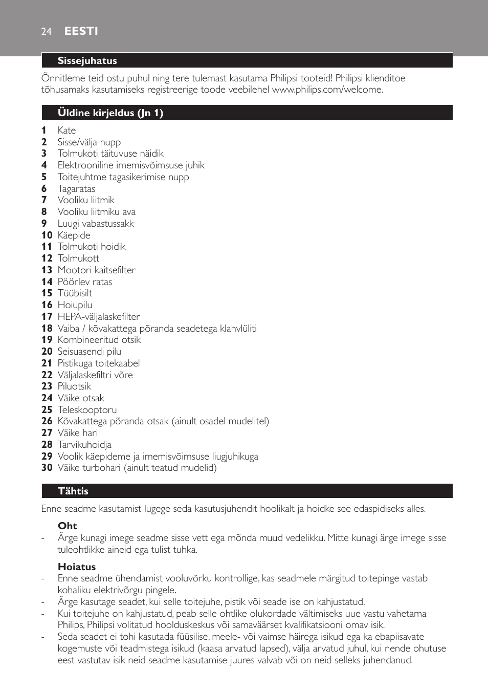 Eesti, Eesti 24 | Philips FC8132 User Manual | Page 24 / 116
