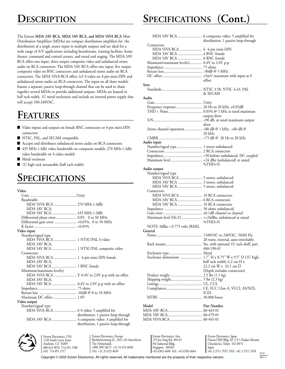 Cont.) f, Escription, Pecifications | Eatures | Extron electronic MDA 5AV RCA User Manual | Page 2 / 2