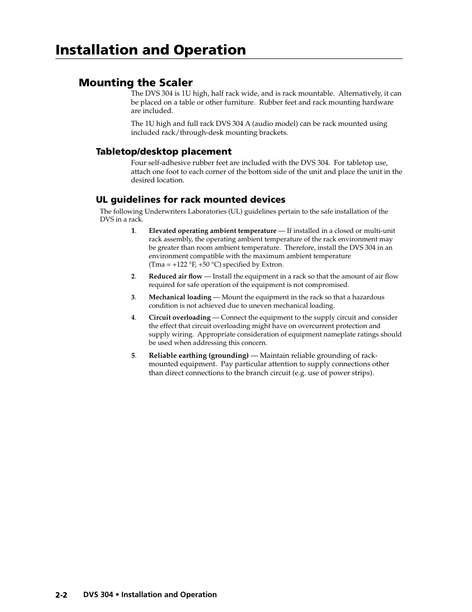 Mounting the scaler, Installation and operation | Extron electronic Digital Video Scaler Series DVS 304 AD User Manual | Page 14 / 96