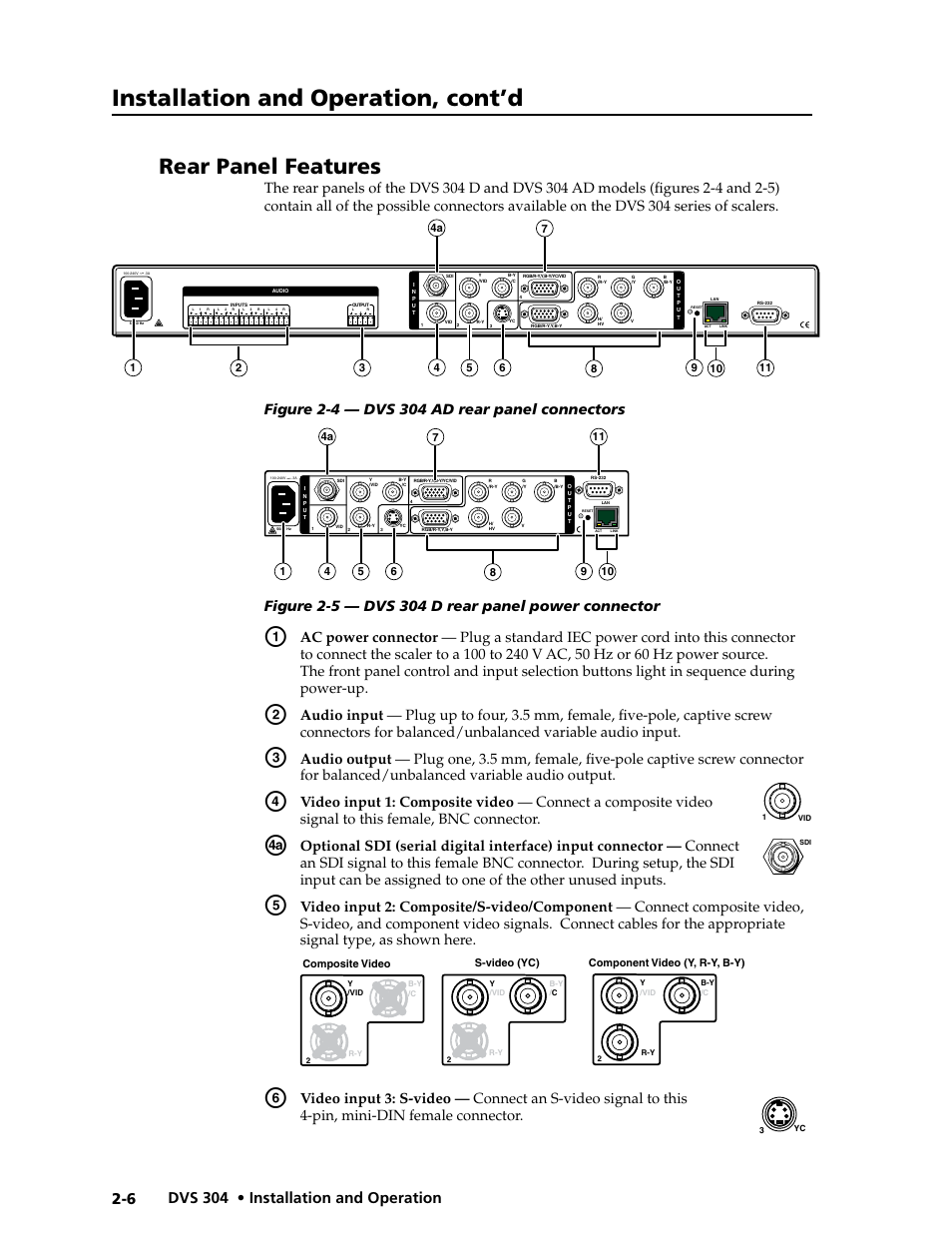 See chapter 2, Installation and operation”), Installation and operation | Rear panel features, Installation and operation, cont’d | Extron electronic Digital Video Scaler Series DVS 304 AD User Manual | Page 18 / 96