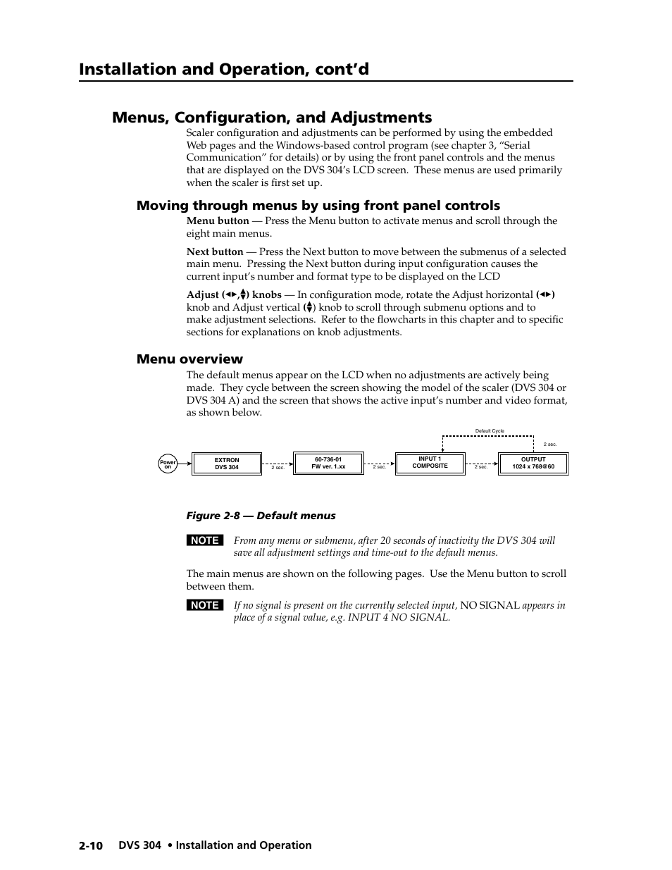 Menus, configuration, and adjustments, Installation and operation, cont’d, Moving through menus by using front panel controls | Menu overview | Extron electronic Digital Video Scaler Series DVS 304 AD User Manual | Page 22 / 96
