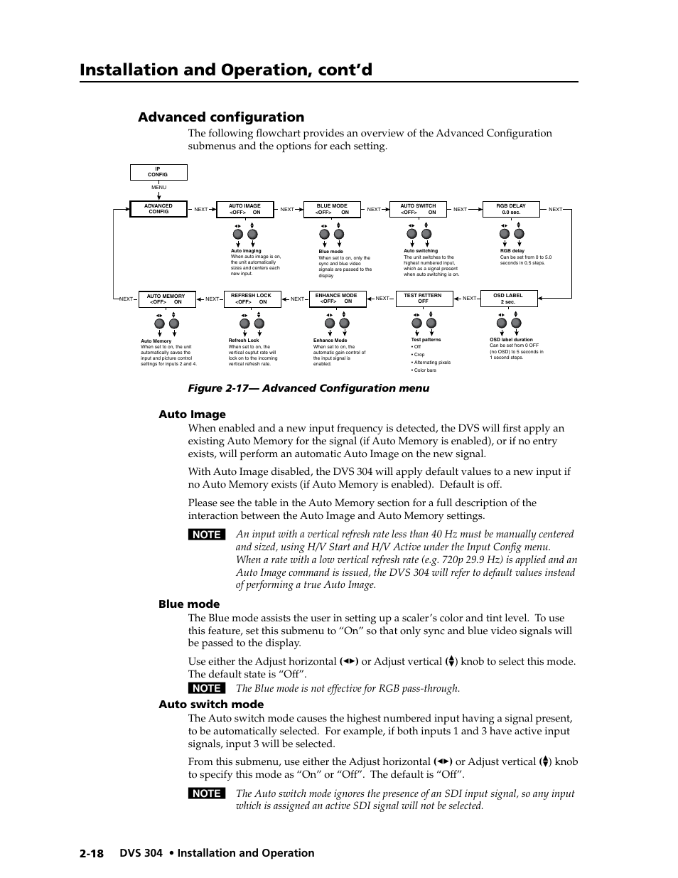 Advanced configuration -18, Installation and operation, cont’d, Advanced configuration | Auto image, Blue mode, Auto switch mode, Figure 2-17— advanced configuration menu | Extron electronic Digital Video Scaler Series DVS 304 AD User Manual | Page 30 / 96
