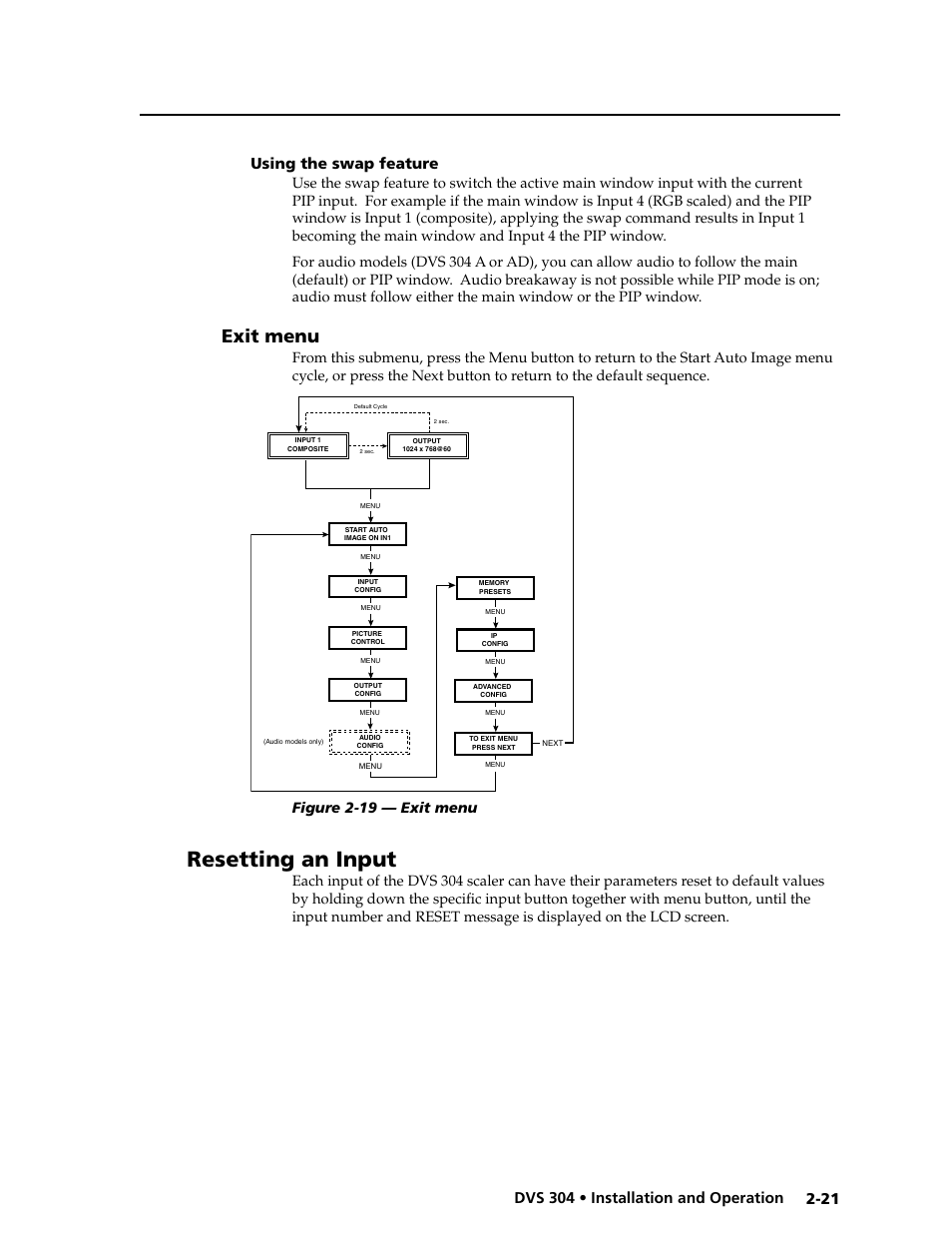 Using the swap feature -21, Exit menu -21, Resetting an input | Exit menu, Using the swap feature, Figure 2-19 — exit menu | Extron electronic Digital Video Scaler Series DVS 304 AD User Manual | Page 33 / 96