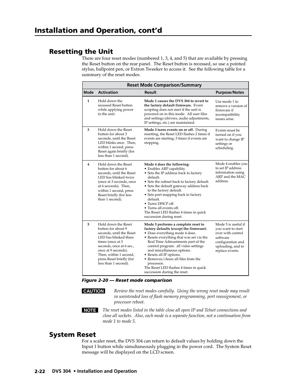 Resetting the unit, System reset, Installation and operation, cont’d | Extron electronic Digital Video Scaler Series DVS 304 AD User Manual | Page 34 / 96