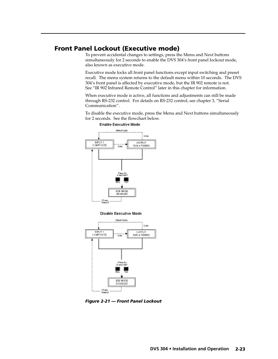 Front panel lockout (executive mode) | Extron electronic Digital Video Scaler Series DVS 304 AD User Manual | Page 35 / 96