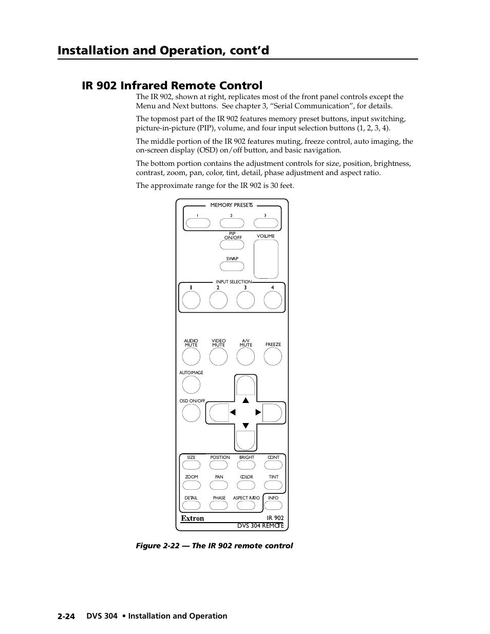 Ir 902 infrared remote control, Installation and operation, cont’d | Extron electronic Digital Video Scaler Series DVS 304 AD User Manual | Page 36 / 96