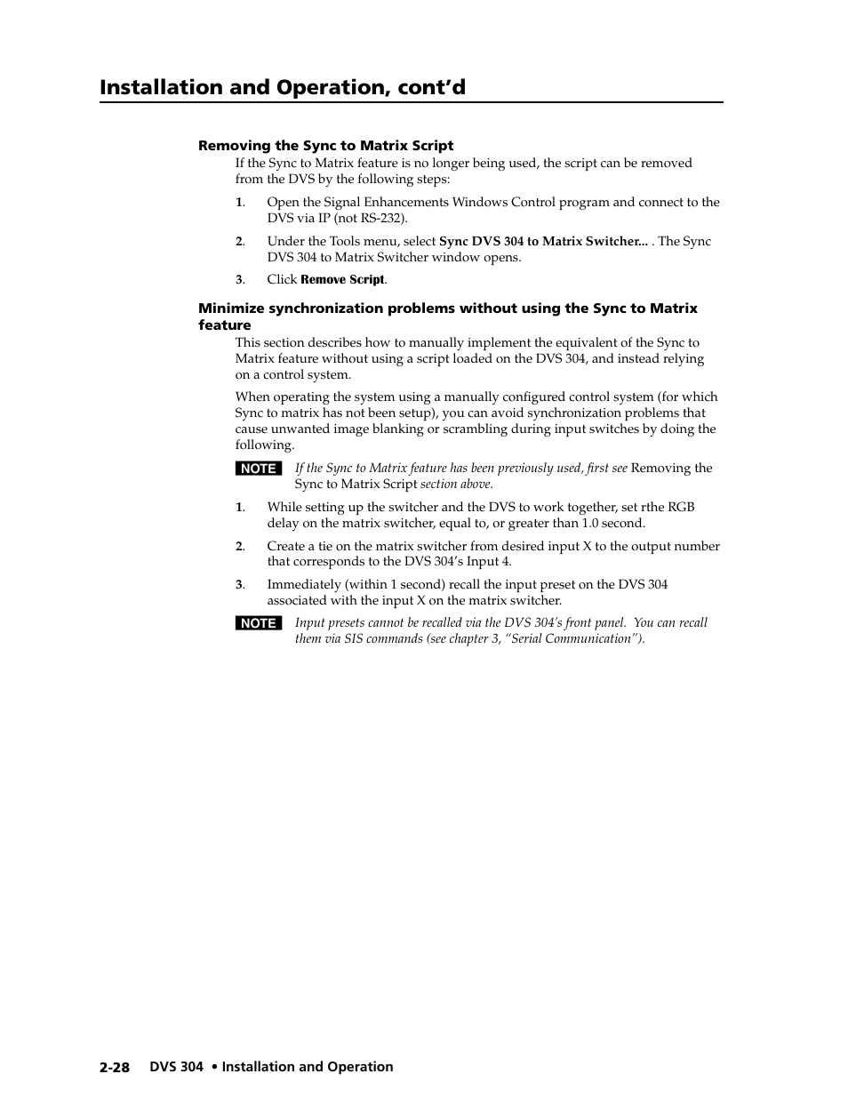 Removing the sync to matrix script, The sync to matrix feature -28, Installation and operation, cont’d | Extron electronic Digital Video Scaler Series DVS 304 AD User Manual | Page 40 / 96