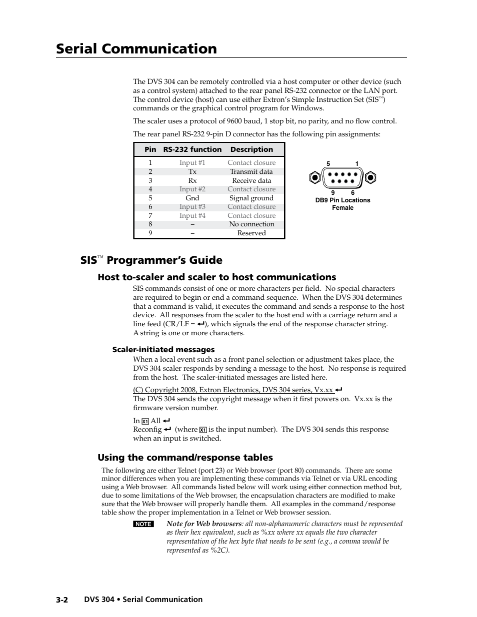 Chapter 3, Serial communication, Programmer’s guide | Scaler-initiated messages -2, Using the command/response tables -2, Host to-scaler and scaler to host communications, Using the command/response tables | Extron electronic Digital Video Scaler Series DVS 304 AD User Manual | Page 42 / 96