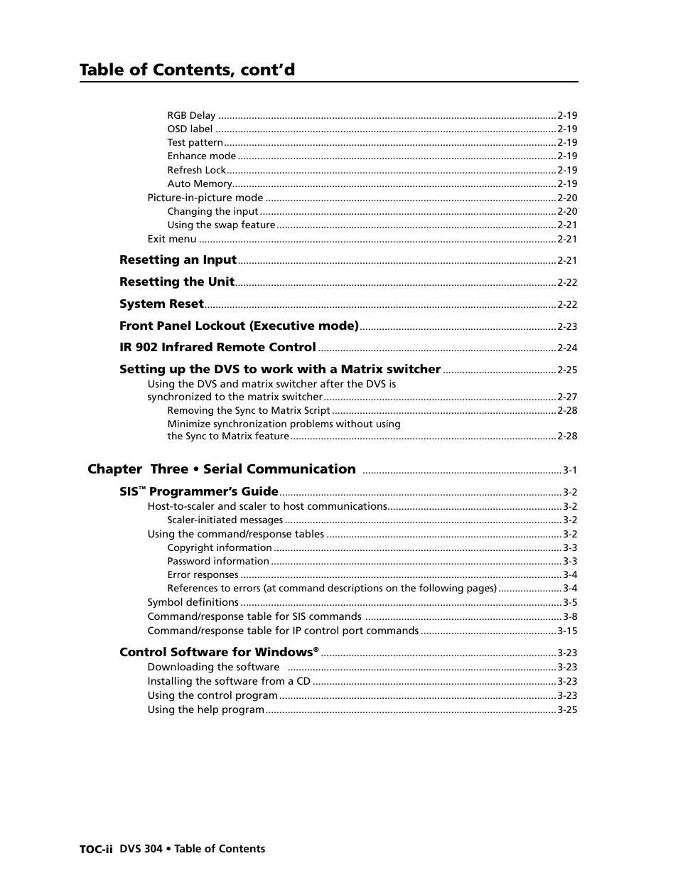 Preliminar y, Table of contents, cont’d | Extron electronic Digital Video Scaler Series DVS 304 AD User Manual | Page 6 / 96