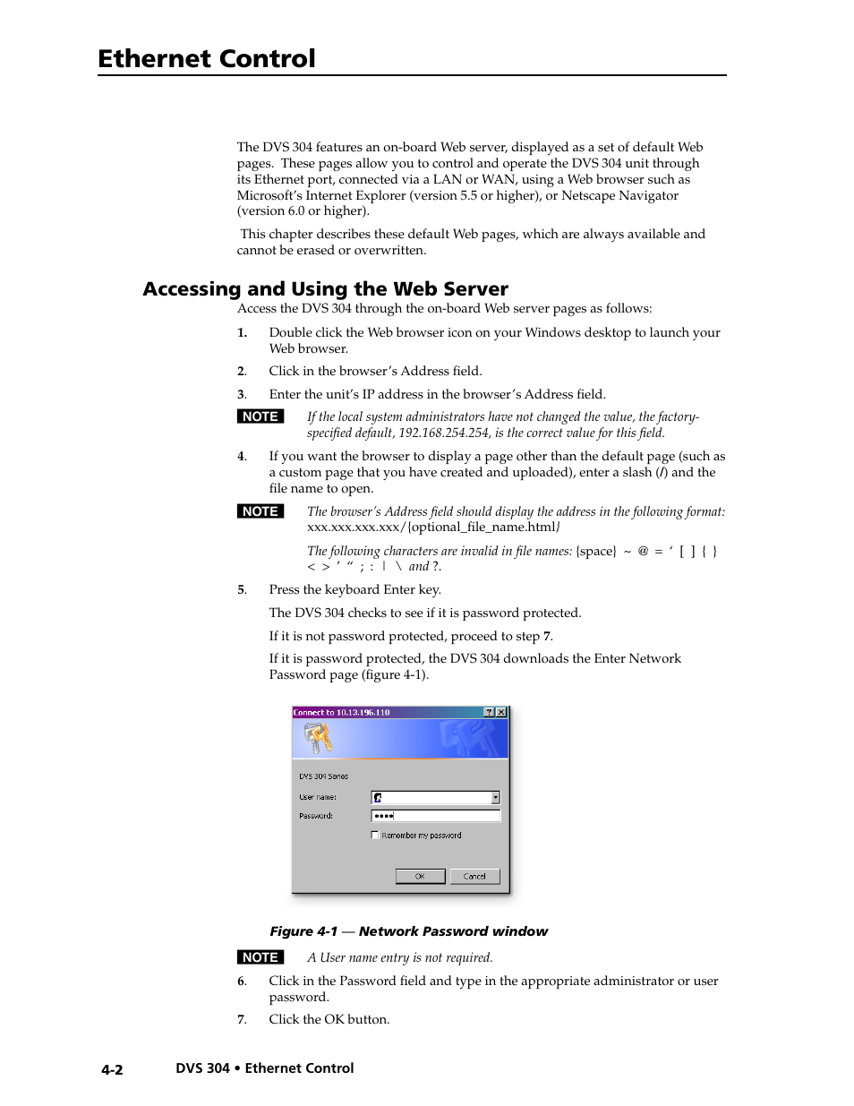 Accessing and using the web server, Ethernet control | Extron electronic Digital Video Scaler Series DVS 304 AD User Manual | Page 70 / 96
