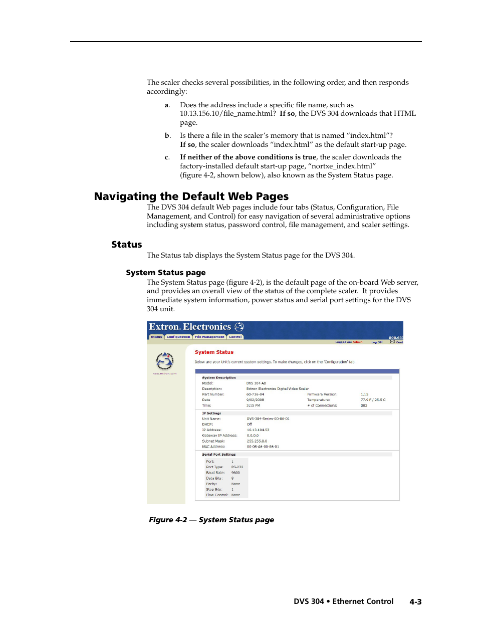 Status -3, Navigating the default web pages | Extron electronic Digital Video Scaler Series DVS 304 AD User Manual | Page 71 / 96