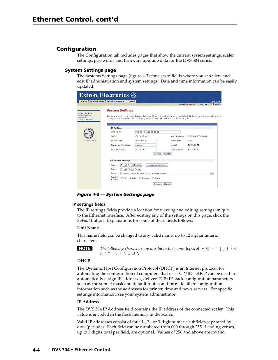 Configuration -4, Ip settings fields -4, Ethernet control, cont’d | Configuration | Extron electronic Digital Video Scaler Series DVS 304 AD User Manual | Page 72 / 96