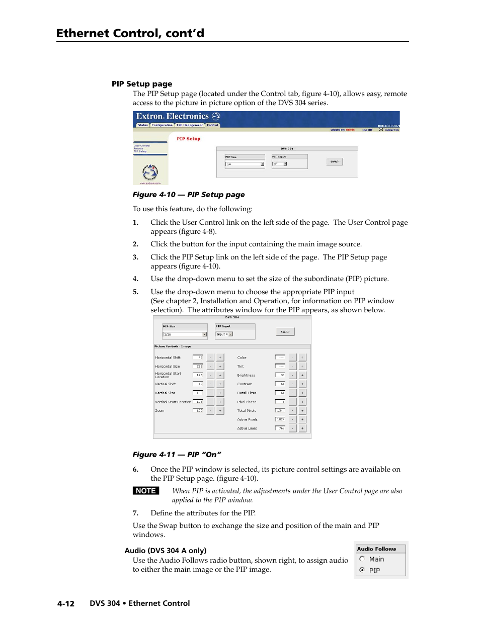 Audio (dvs 304 a only) -12, Ethernet control, cont’d | Extron electronic Digital Video Scaler Series DVS 304 AD User Manual | Page 80 / 96