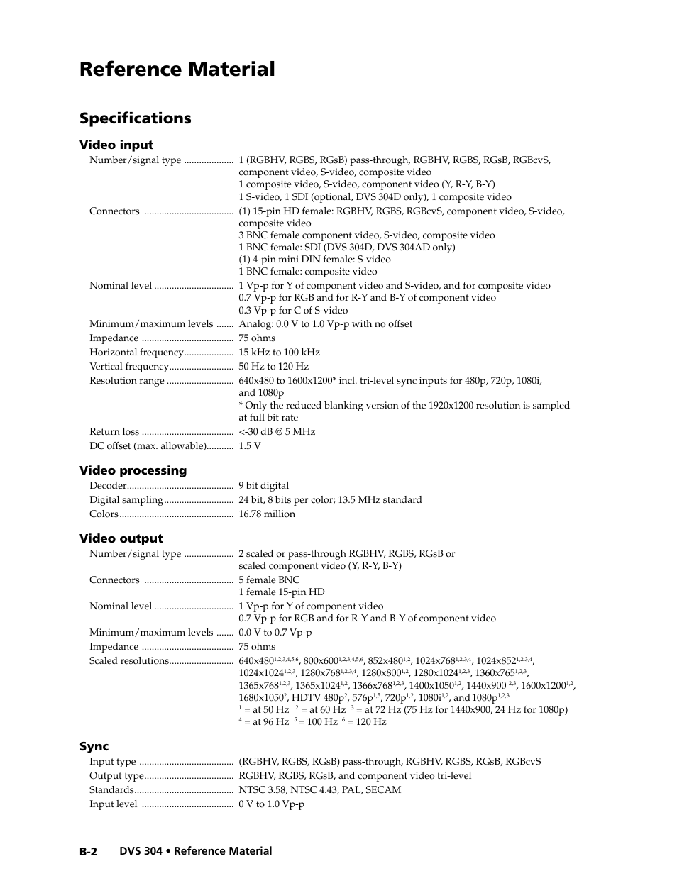 Reference material, Specifications, Video input | Video processing, Video output, Sync | Extron electronic Digital Video Scaler Series DVS 304 AD User Manual | Page 88 / 96