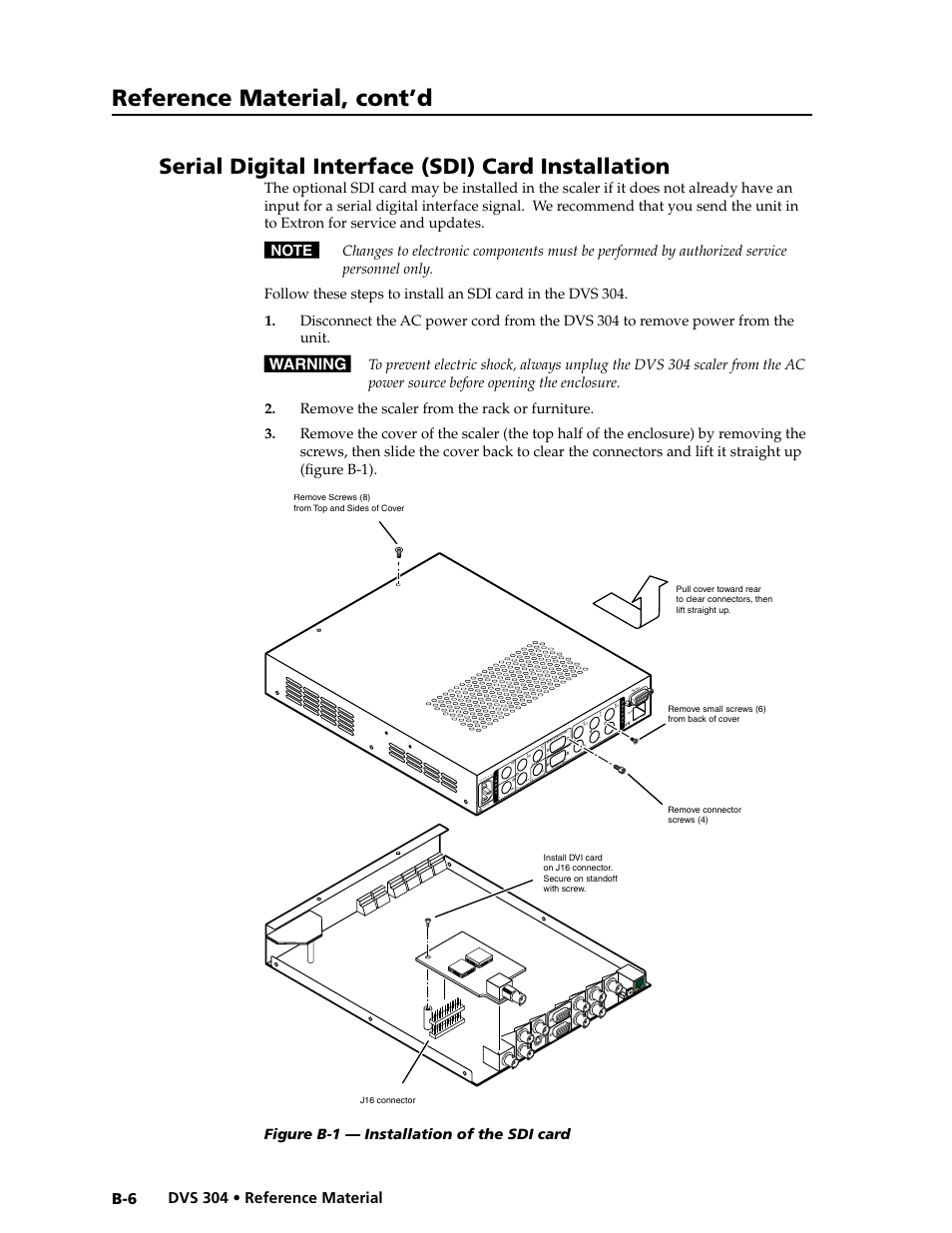 Serial digital interface (sdi) card installation, Reference material, cont’d, Dvs 304 • reference material b-6 | 50/60 hz, Re se t ac t lin k, 240v .3a, Figure b-1 — installation of the sdi card | Extron electronic Digital Video Scaler Series DVS 304 AD User Manual | Page 92 / 96