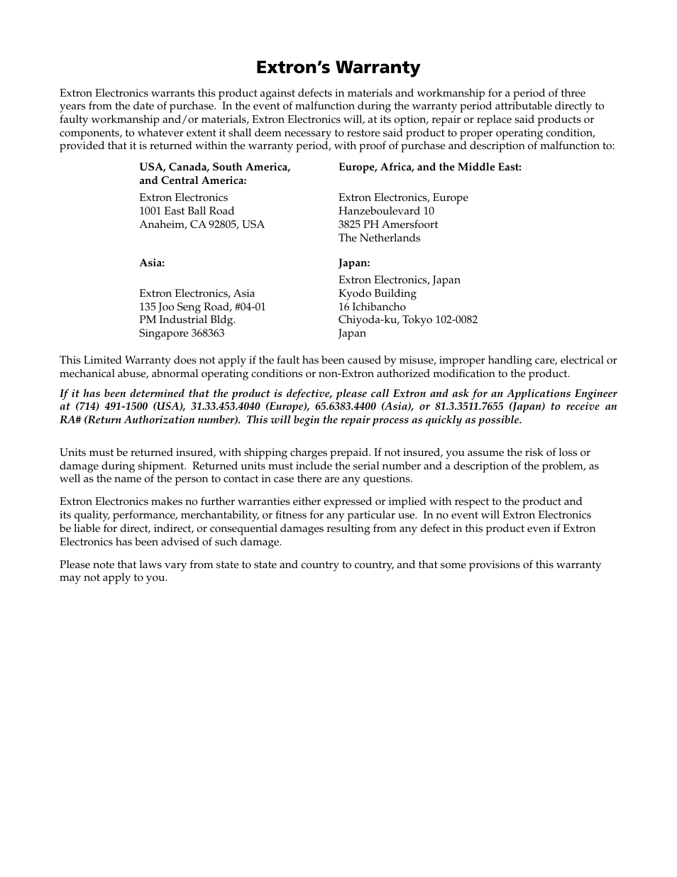 Extron’s warranty | Extron electronic Digital Video Scaler Series DVS 304 AD User Manual | Page 95 / 96