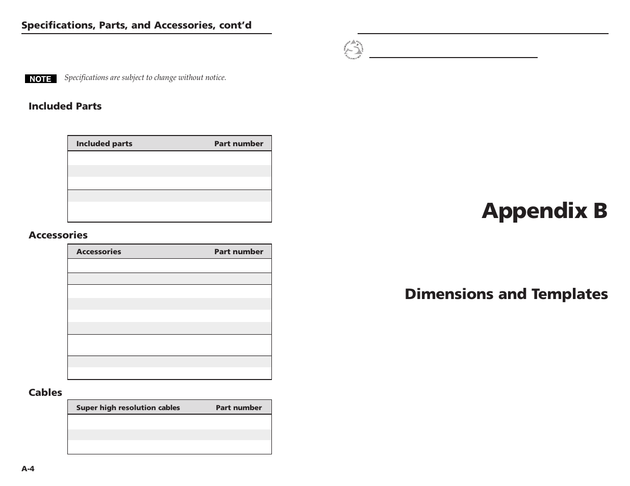 Included parts, Accessories, Cables | Appendix b: dimensions & templates, Appendix b, Dimensions and templates | Extron electronic CVEQ1 AAP User Manual | Page 13 / 15