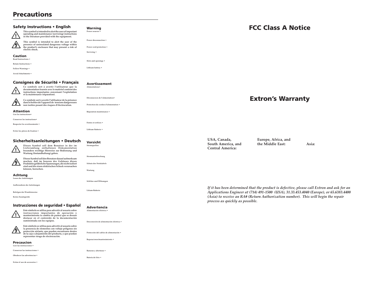 Precautions, Fcc class a notice, Extron’s warranty | Instrucciones de seguridad • español | Extron electronic CVEQ1 AAP User Manual | Page 2 / 15