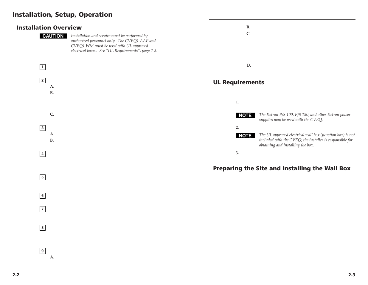 Installation overview, Ul requirements, Preparing the site and installing the wall box | Installation, setup, operation | Extron electronic CVEQ1 AAP User Manual | Page 6 / 15