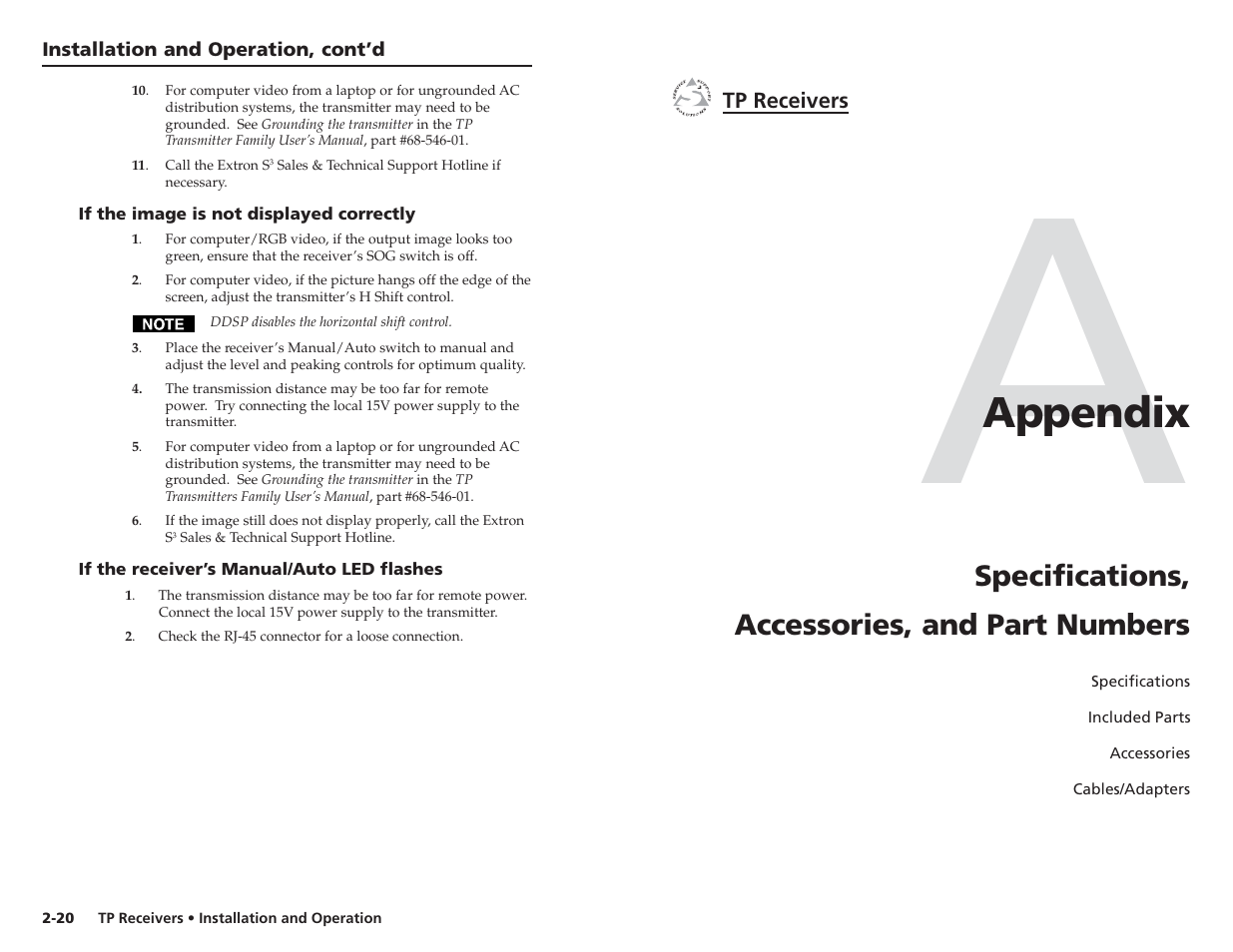 Appendix, Specifications, accessories, and part numbers | Extron electronic TP R BNC A User Manual | Page 17 / 21